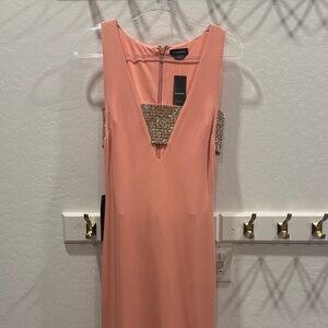 Bebe Coral Backless Dress with Gold Accents